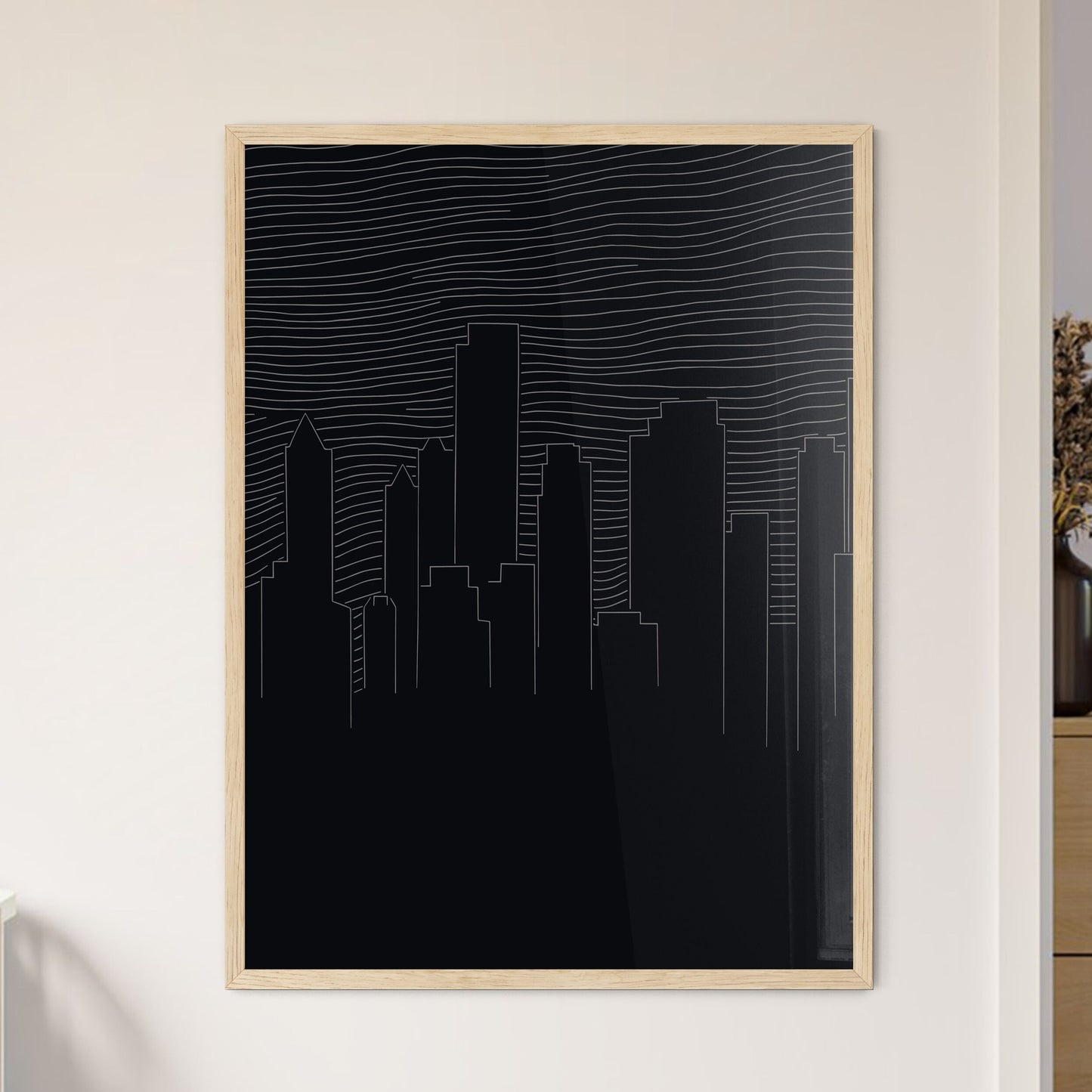 Manhattan Skyline - A City Skyline With Lines In The Background Framed Art