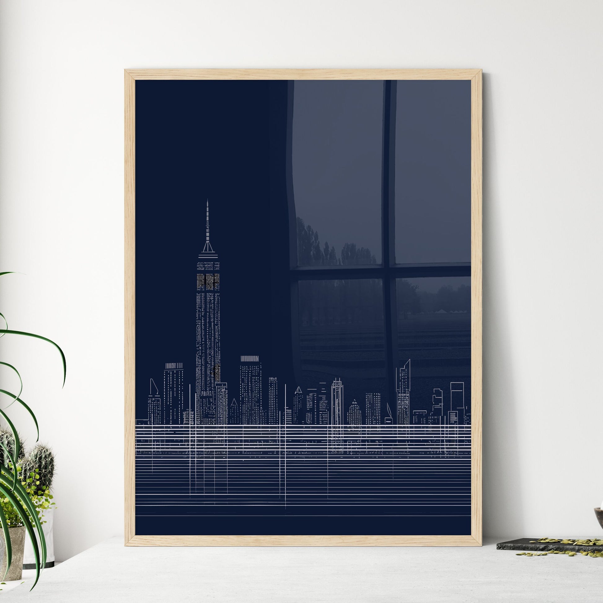 New York City Skyline - A City Skyline With A Tall Building Framed Art