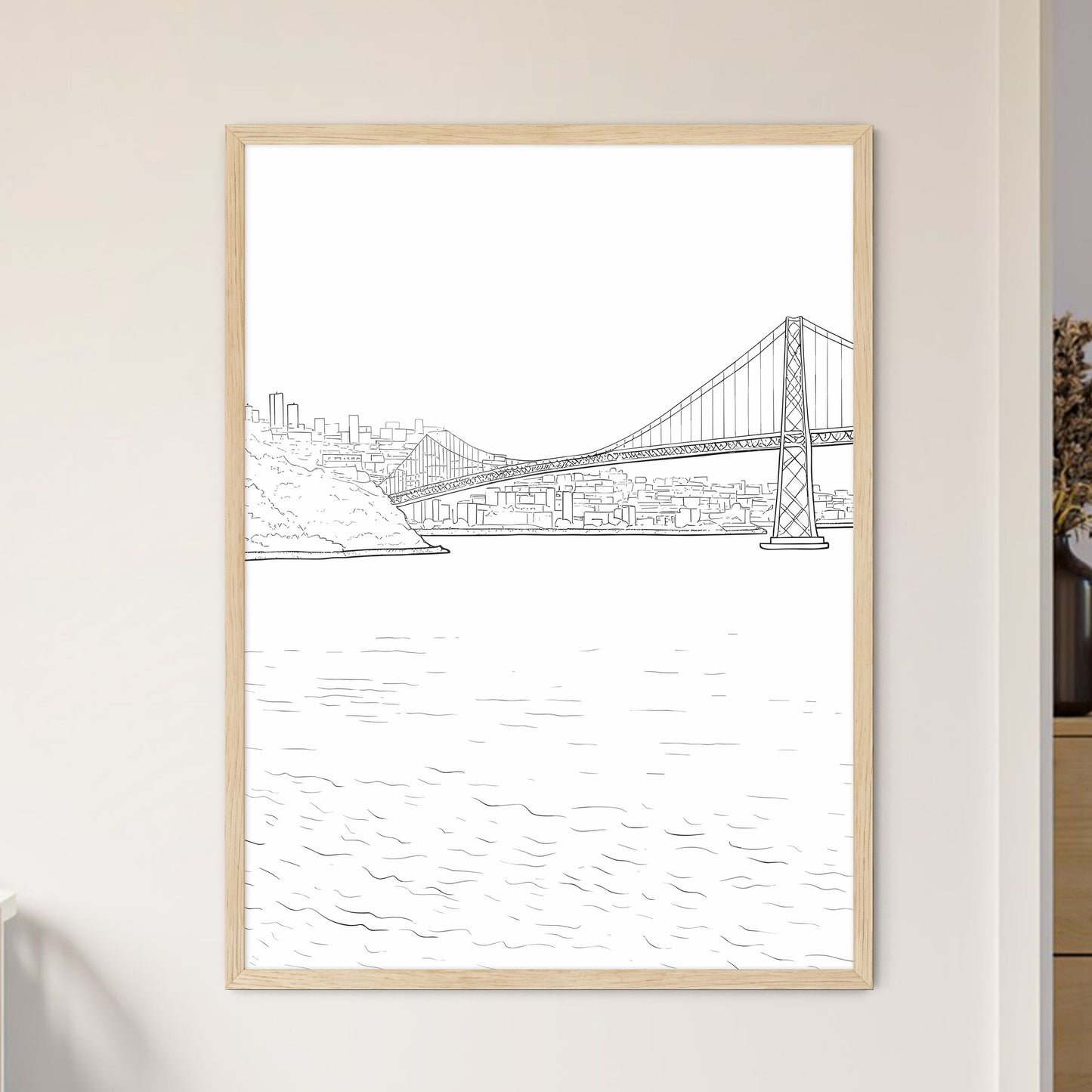 Porto Portugal Waterline And Skyline - A Drawing Of A Bridge Over Water Framed Art