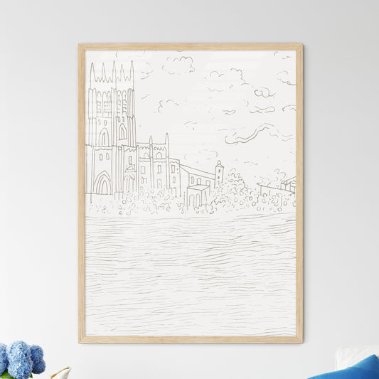 Porto Portugal Waterline And Skyline - A Drawing Of A Building And A Body Of Water Framed Art
