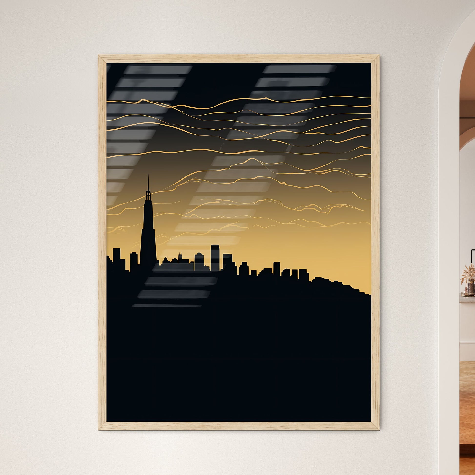 San Francisco Skyline - A Silhouette Of A City With A Tall Building In The Distance Framed Art