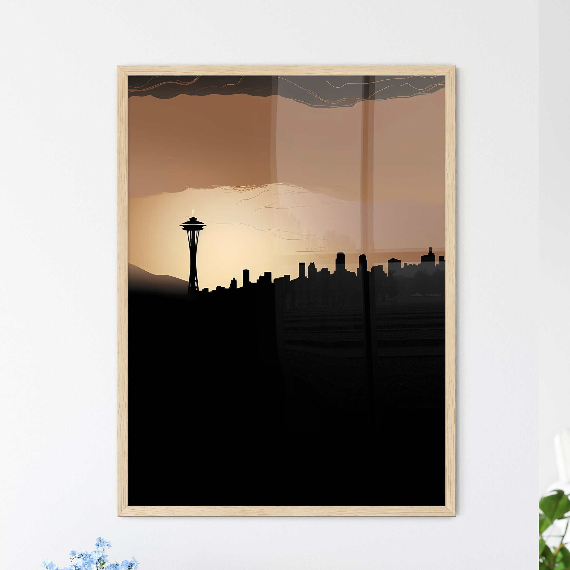 Seattle Skyline - A Silhouette Of A City With A Tower In The Distance Framed Art
