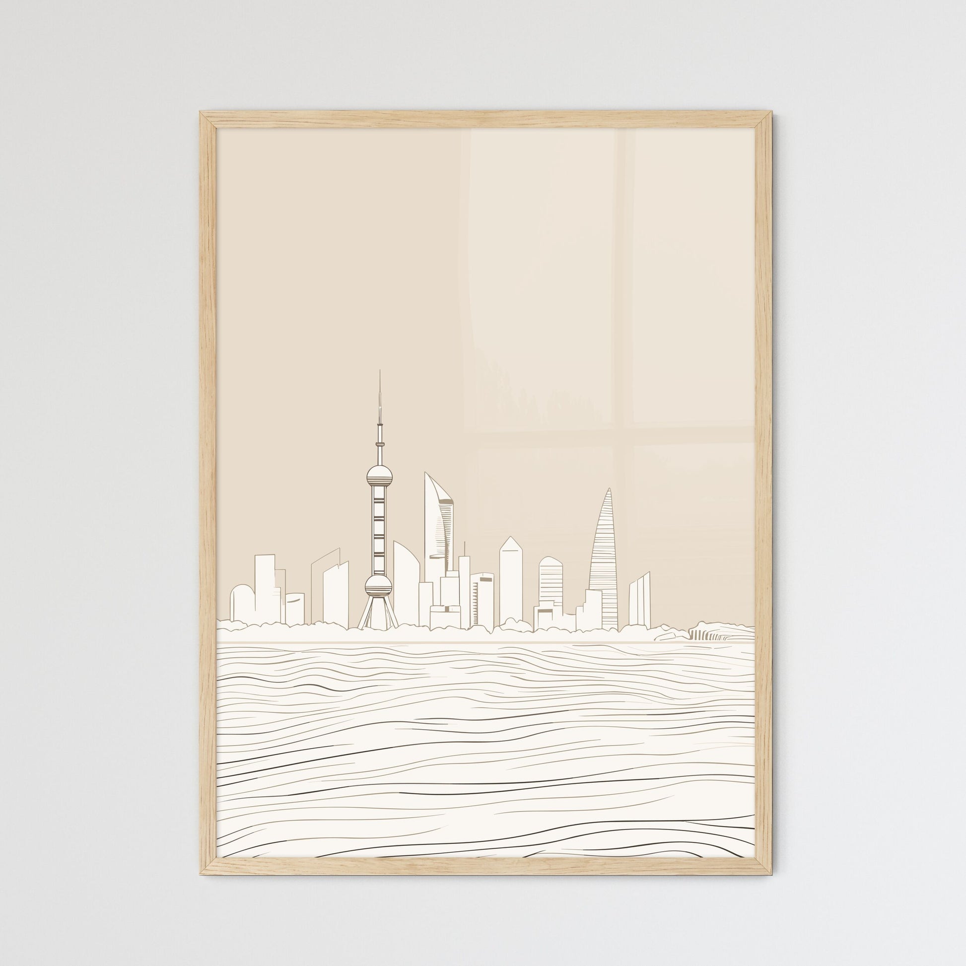 Shanghai China Waterfront - A City Skyline With A Tower And A Body Of Water Framed Art
