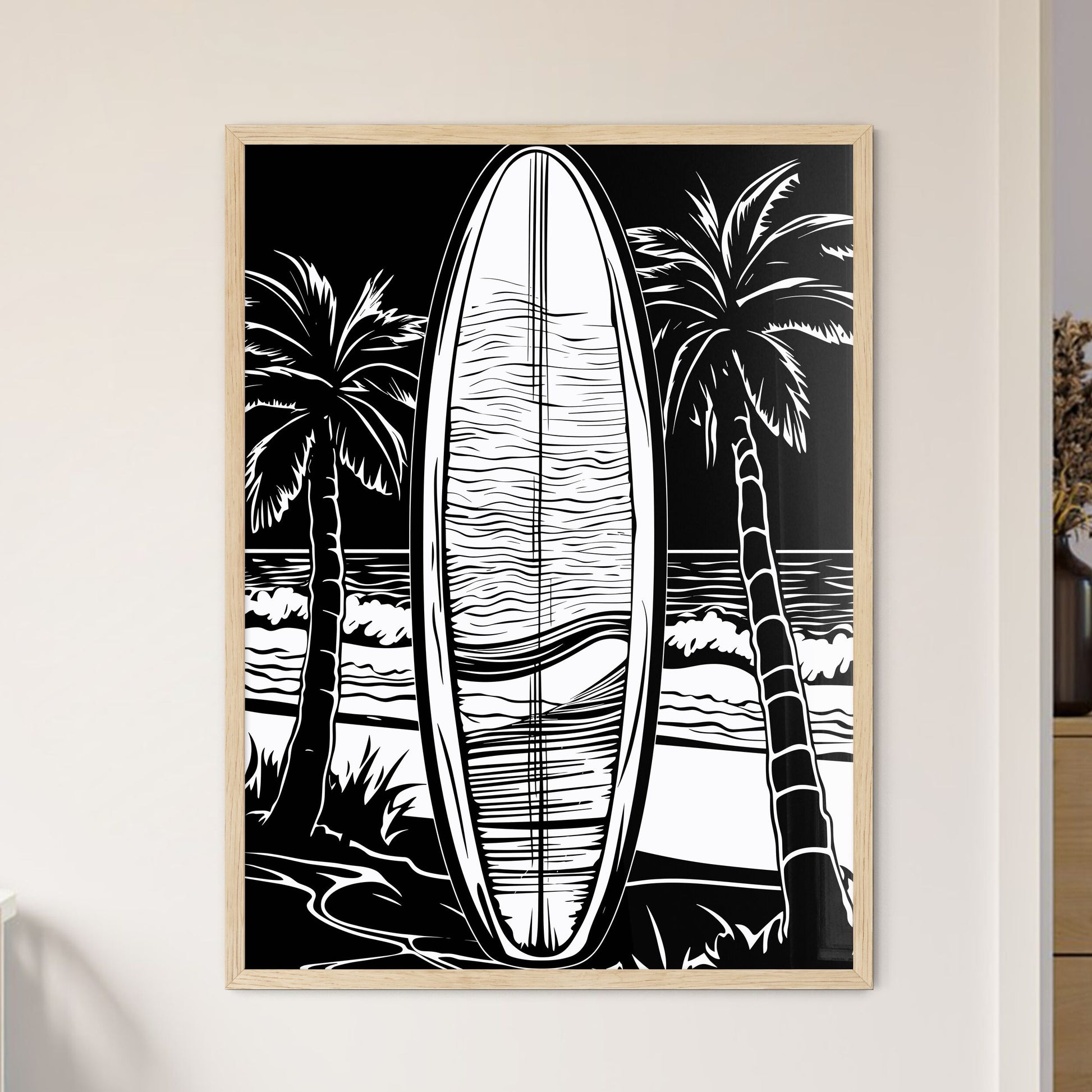 Surfboard In Front Of Beach - A Surfboard  - Framed Art Print