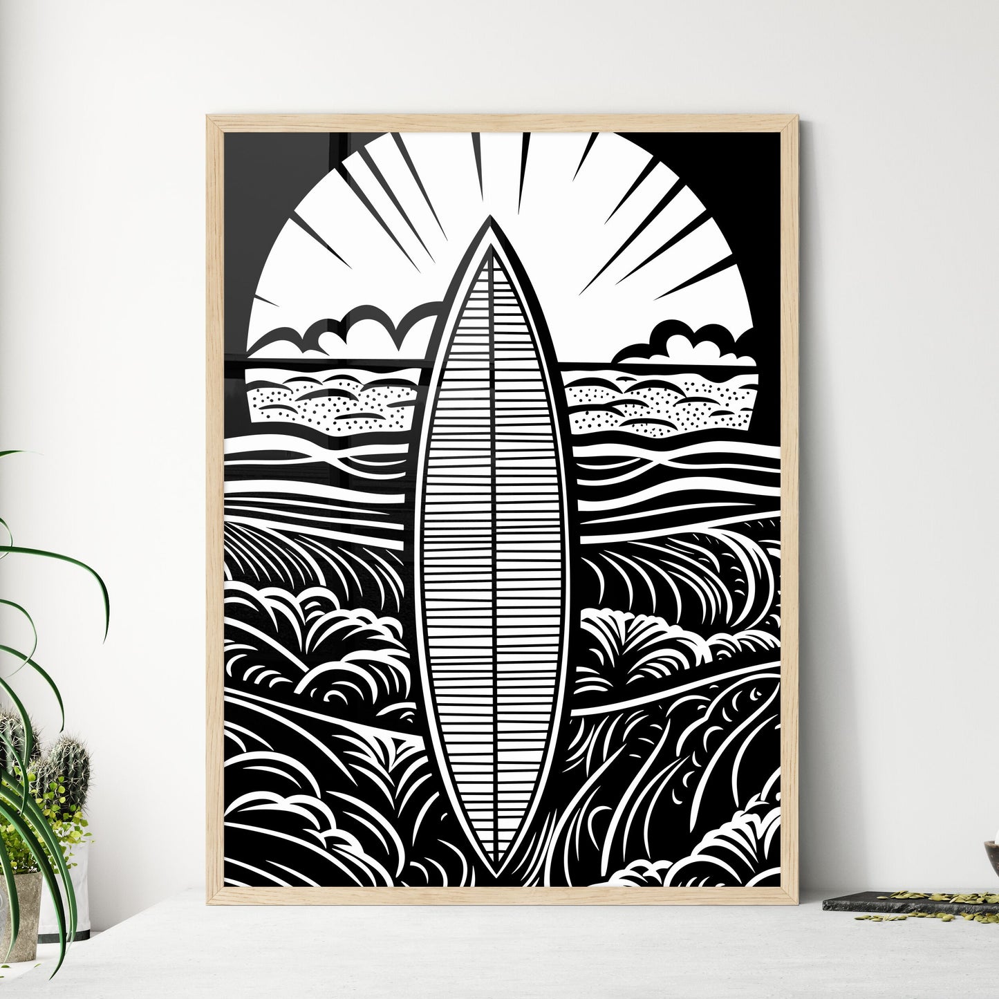 Surfboard In Front Of Beach - A Surfboard  - Framed Art Print