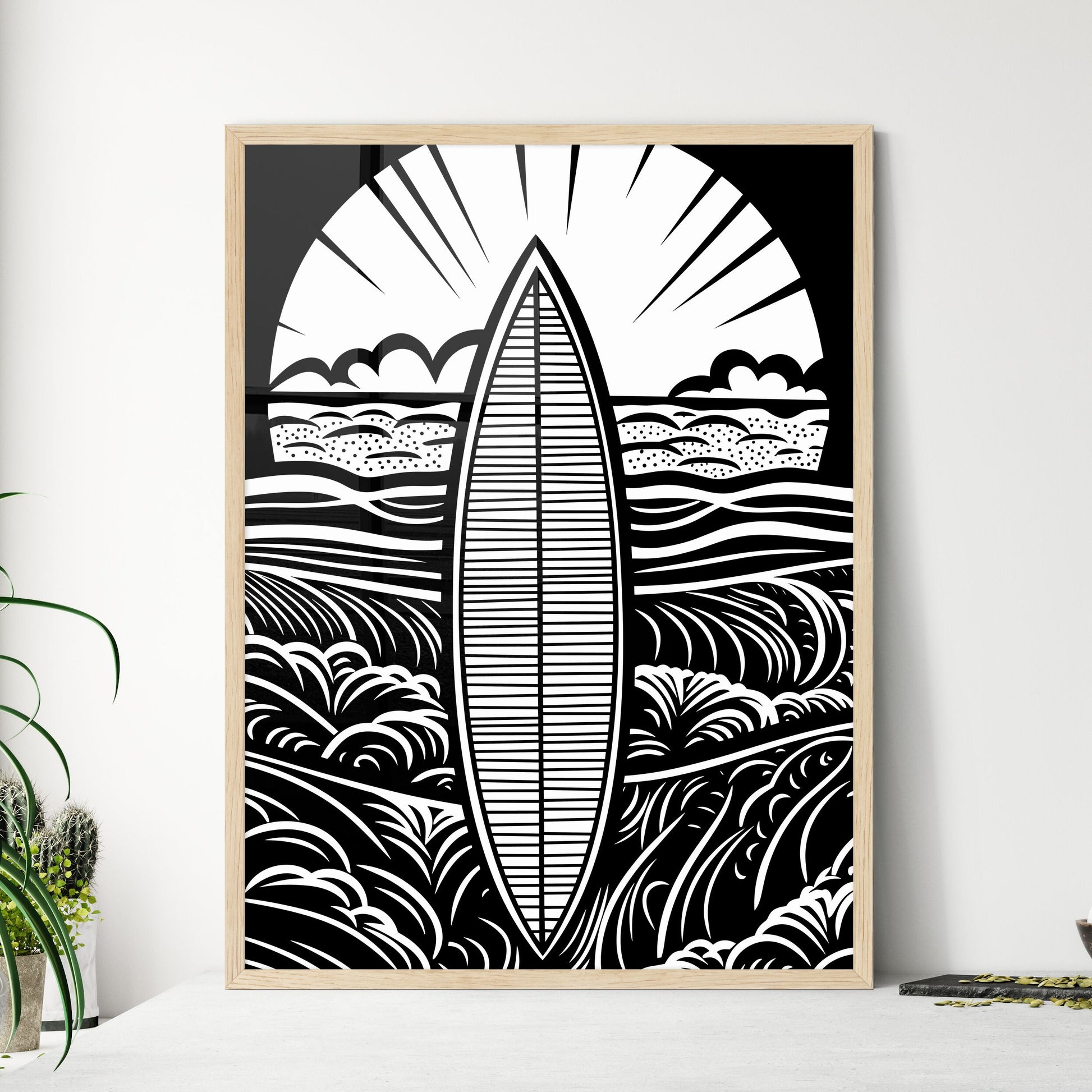 Surfboard In Front Of Beach - A Surfboard  - Framed Art Print