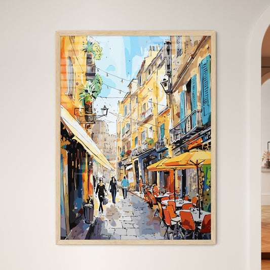 Watercolor Provence Streets Poster - A Painting Of People Walking Down A Street Framed Art