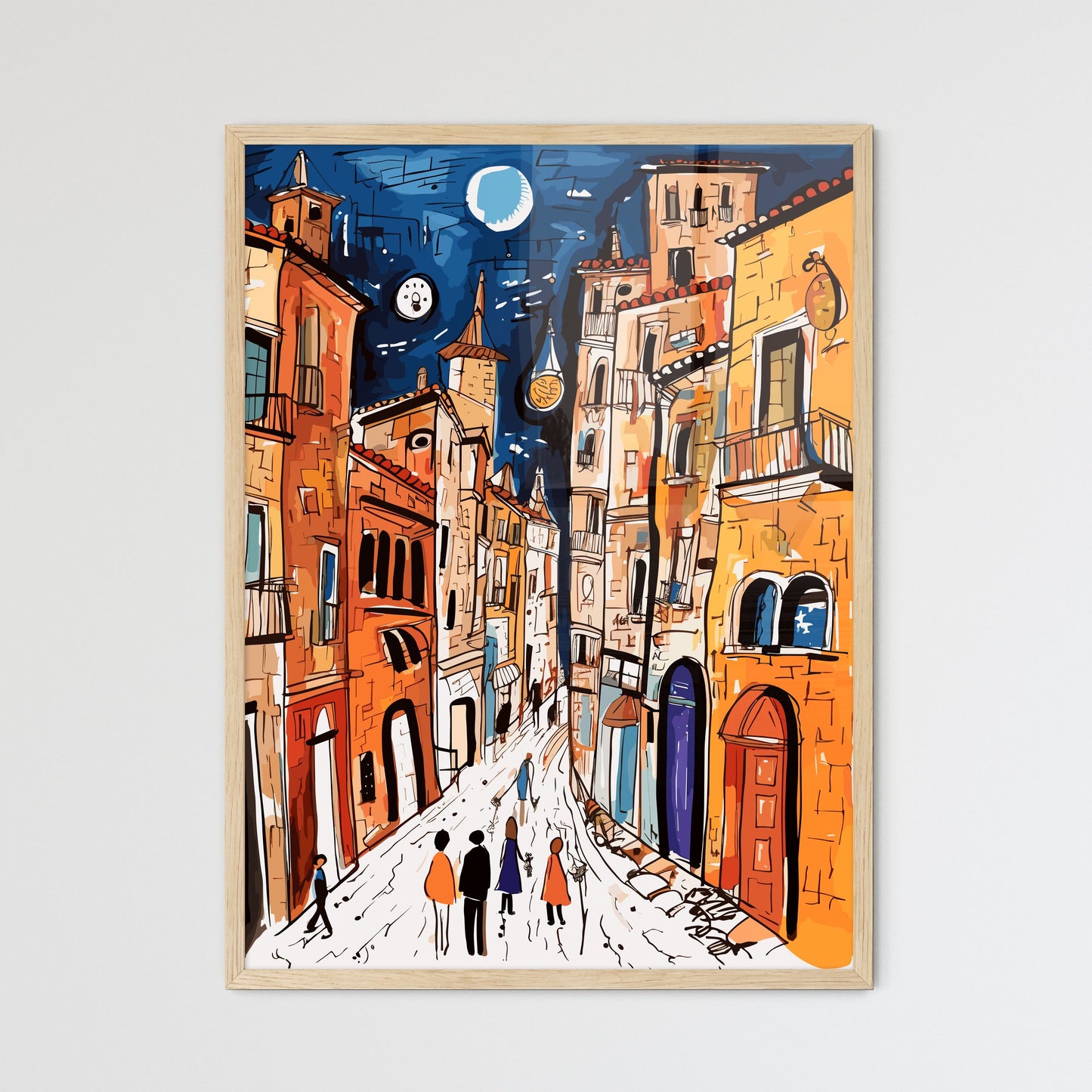 Watercolor Provence Streets Poster - A Drawing Of A Street With Buildings And People Framed Art