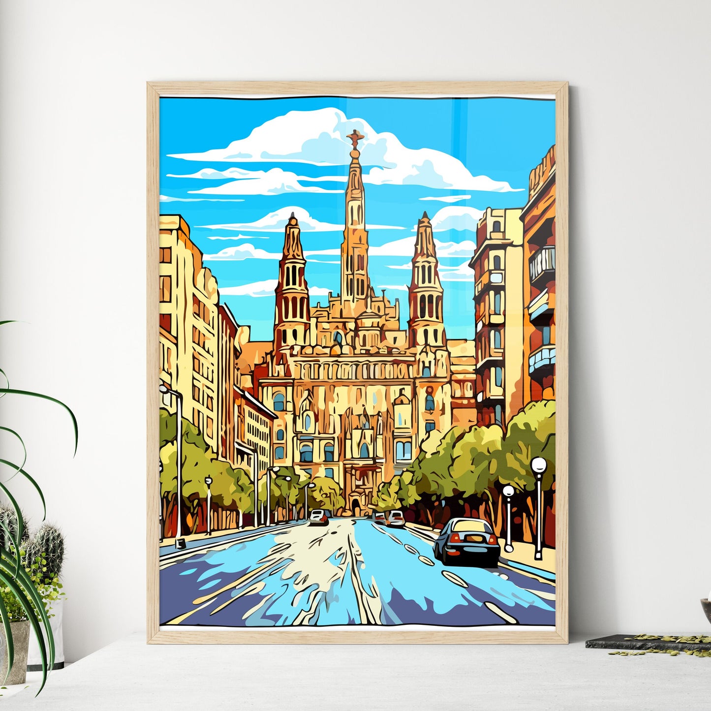 Barcelona Spain Great Vacation Poster - A Street With Cars And A Building Framed Art