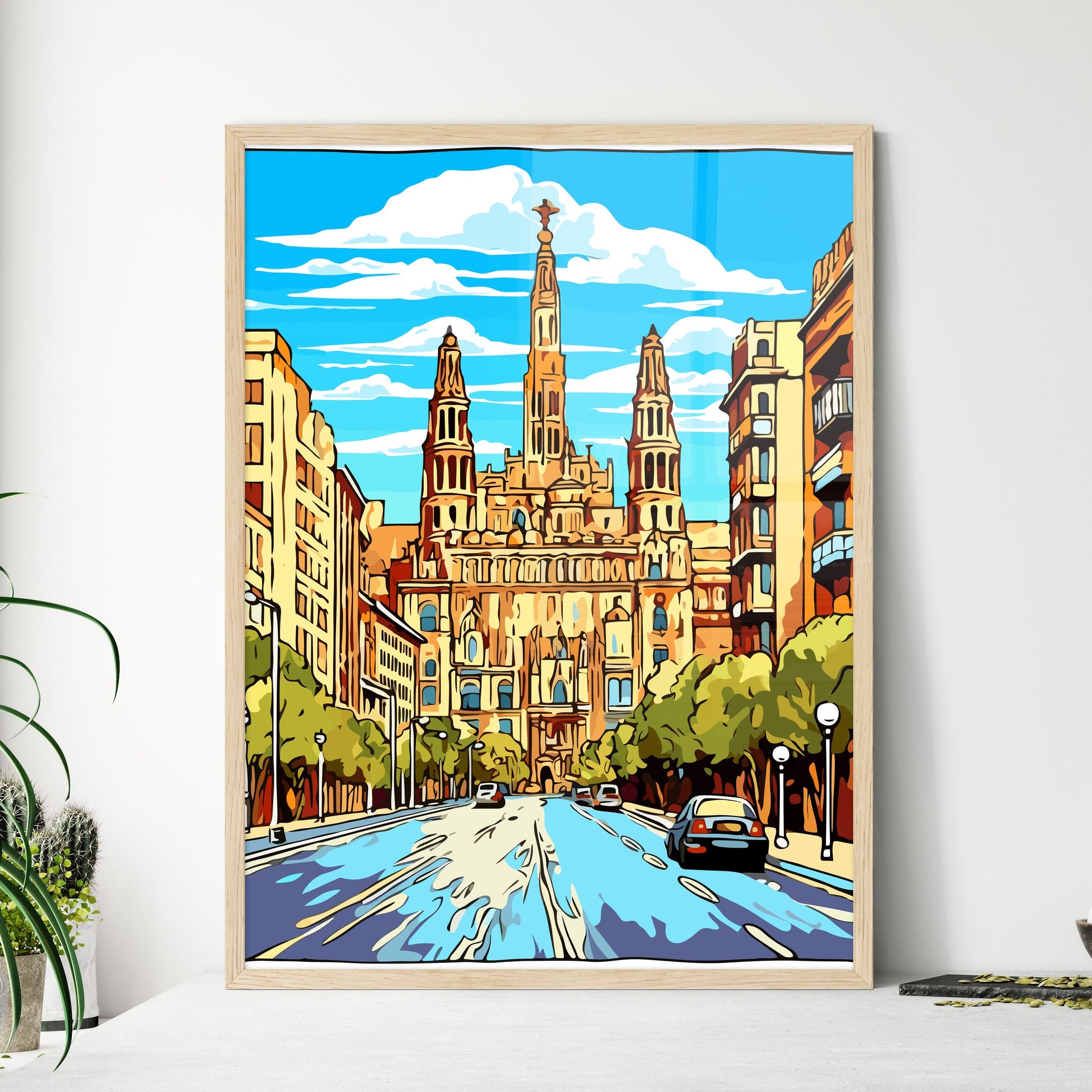 Barcelona Spain Great Vacation Poster - A Street With Cars And A Building Framed Art