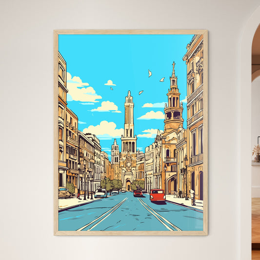 Barcelona Spain Great Vacation Poster - A Street With Cars And Buildings Framed Art