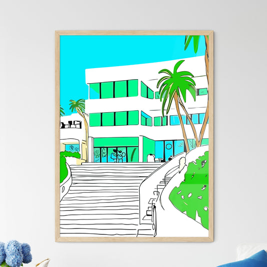 Beverly Hills US - A Building With Palm Trees And Stairs Framed Art