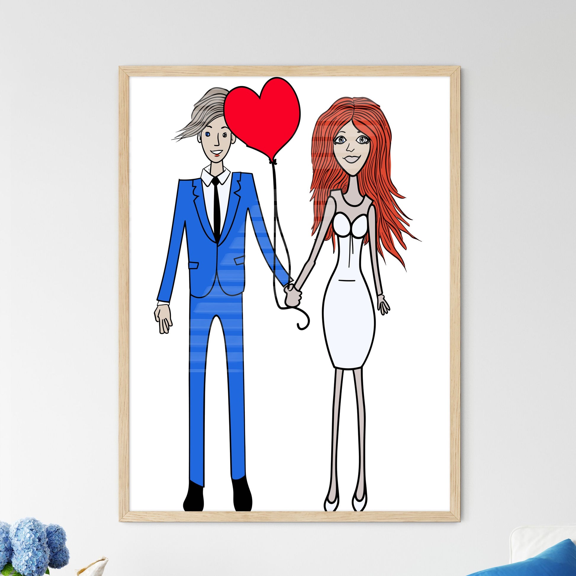 Cartoon Bride And Groom Are Holding Heart Po - Framed Art Print