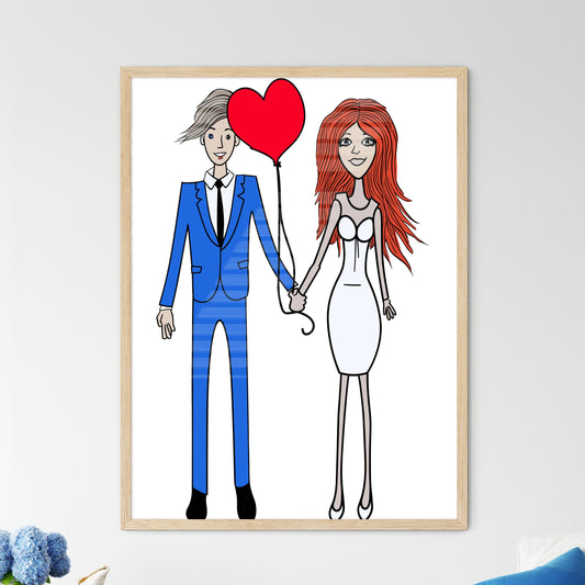 Cartoon Bride And Groom Are Holding Heart Po - Framed Art Print