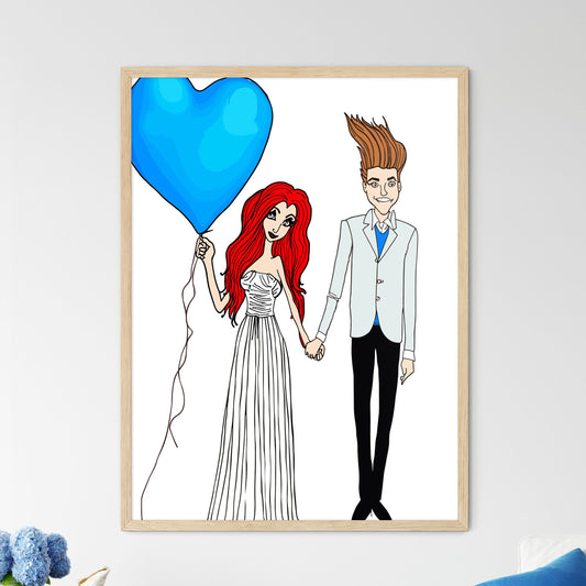 Cartoon Bride And Groom Are Holding Heart Po - Framed Art Print