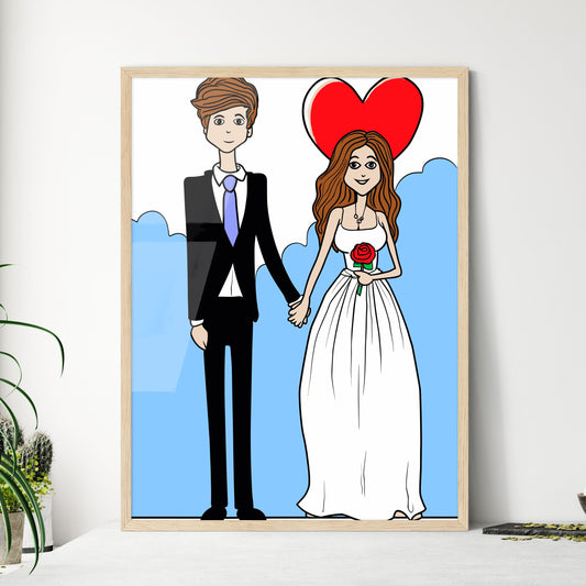 Cartoon Bride And Groom Are Holding Heart Po - Framed Art Print