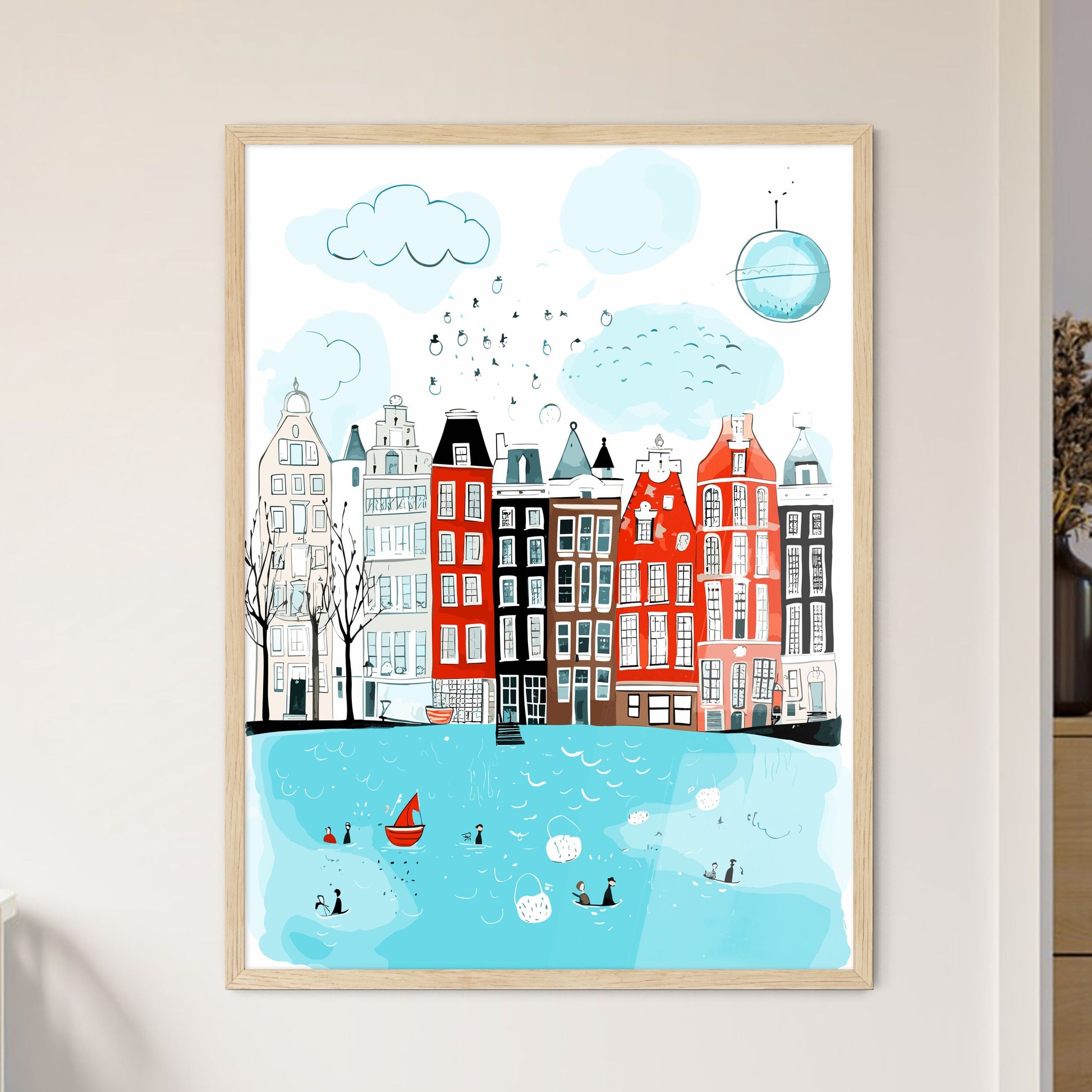 City Life In Amsterdam - A Water With Buildings And Boats Framed Art