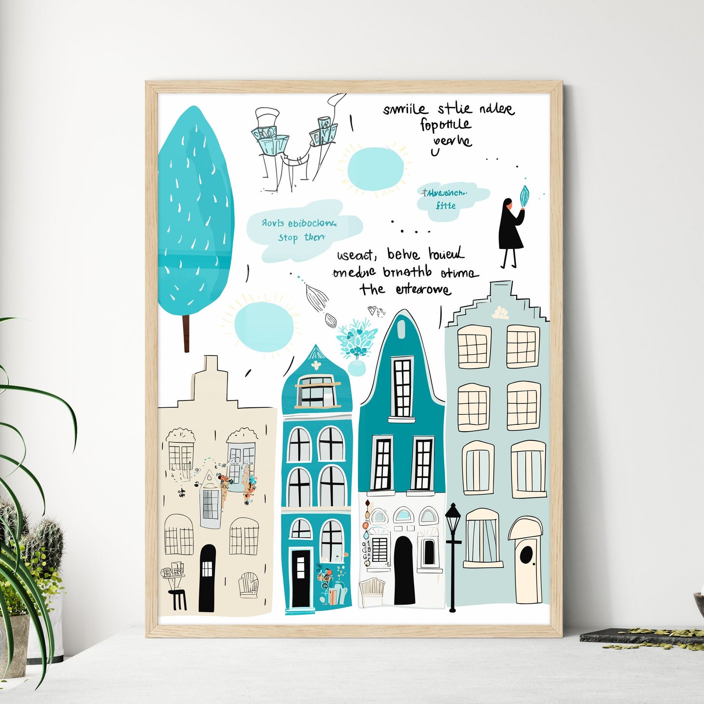 City Life In Amsterdam - A Group Of Buildings And Trees Framed Art