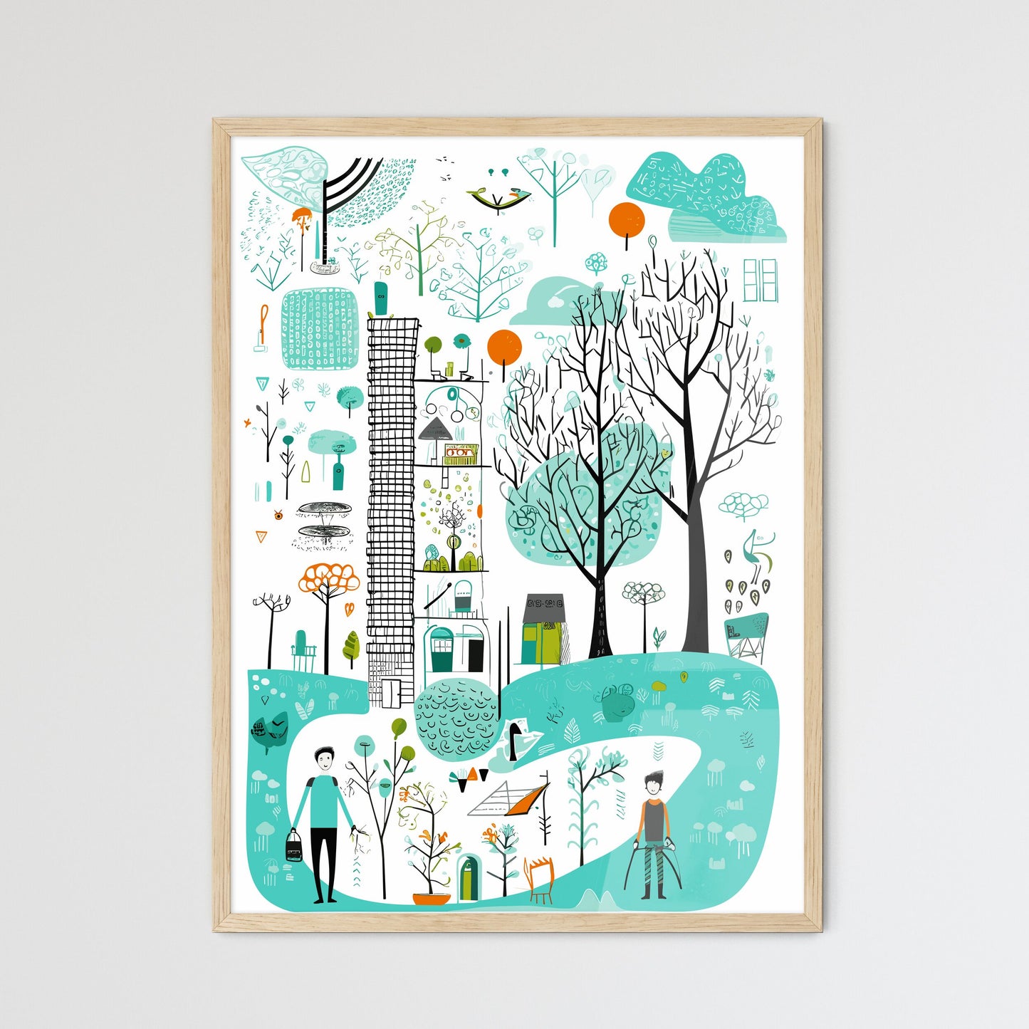 City Life In Amsterdam - A Drawing Of A City Framed Art