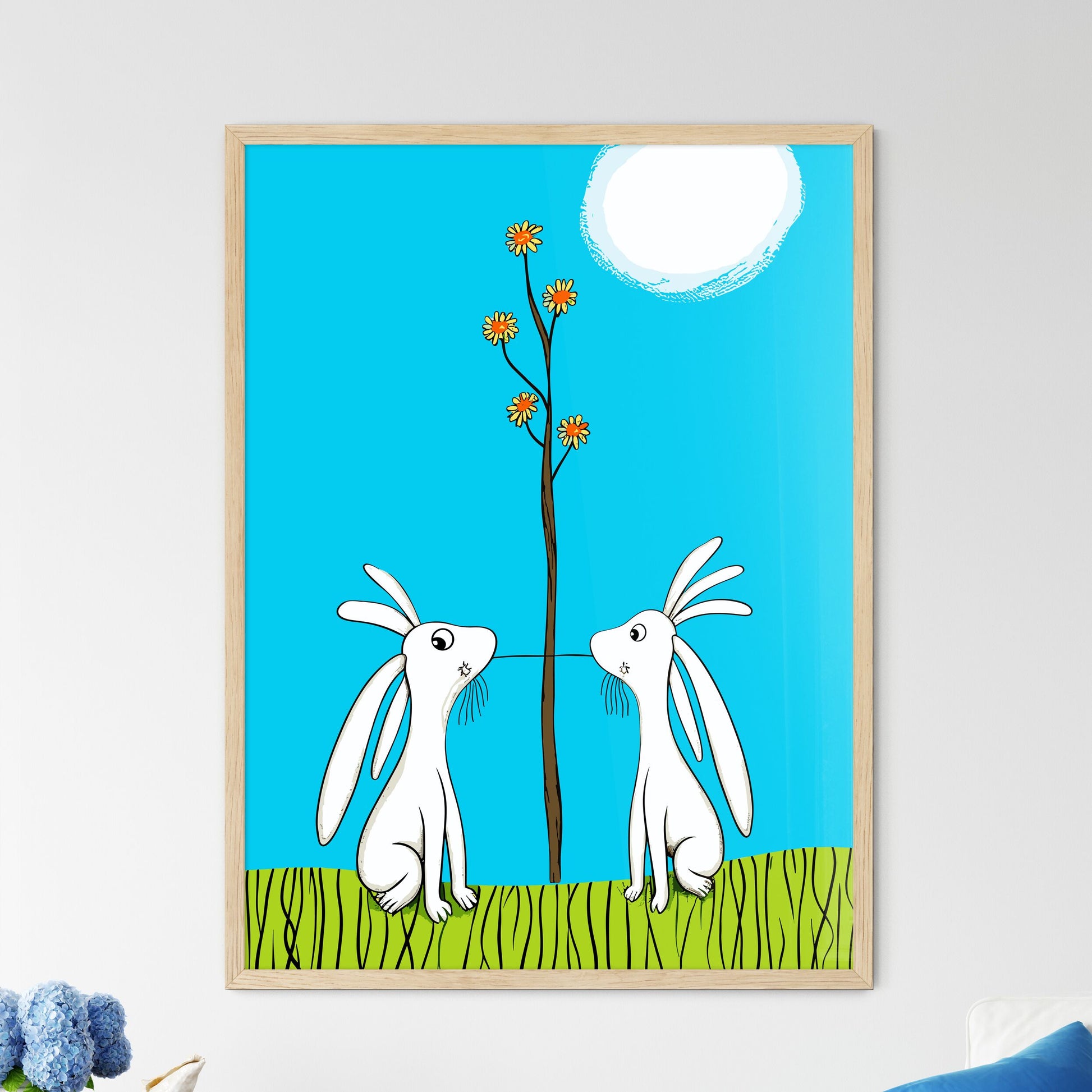Cute Cute Bunnies In Love - Two White Rabbits Standing Next To A Tree With Flowers Default Title