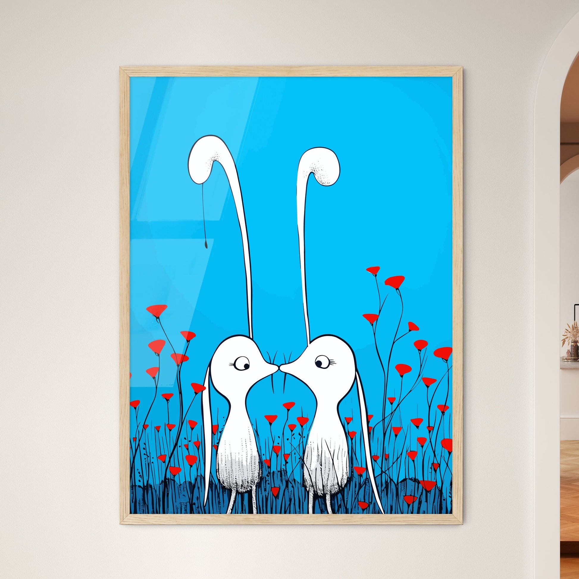 Cute Cute Bunnies In Love - Cartoon White Rabbits Kissing In A Field Of Red Flowers Default Title
