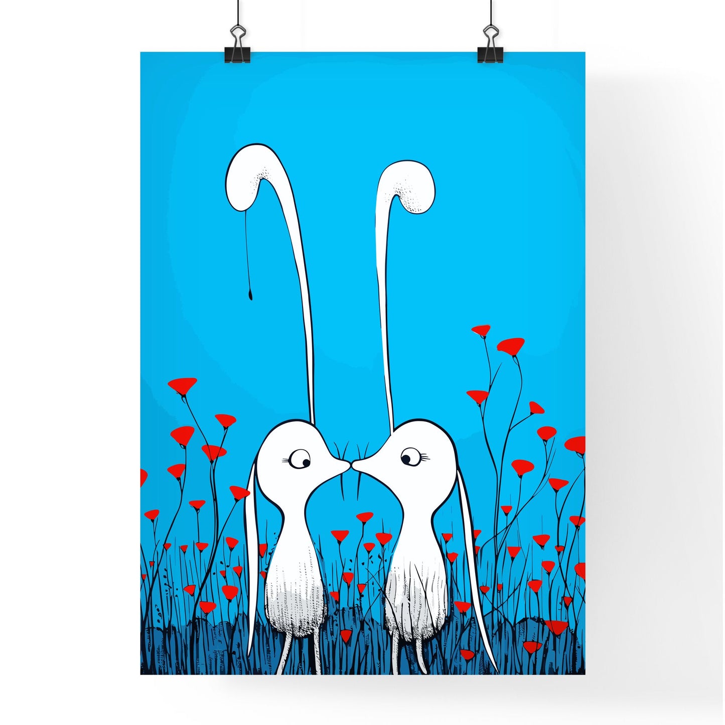 Cute Cute Bunnies In Love - Cartoon White Rabbits Kissing In A Field Of Red Flowers Default Title