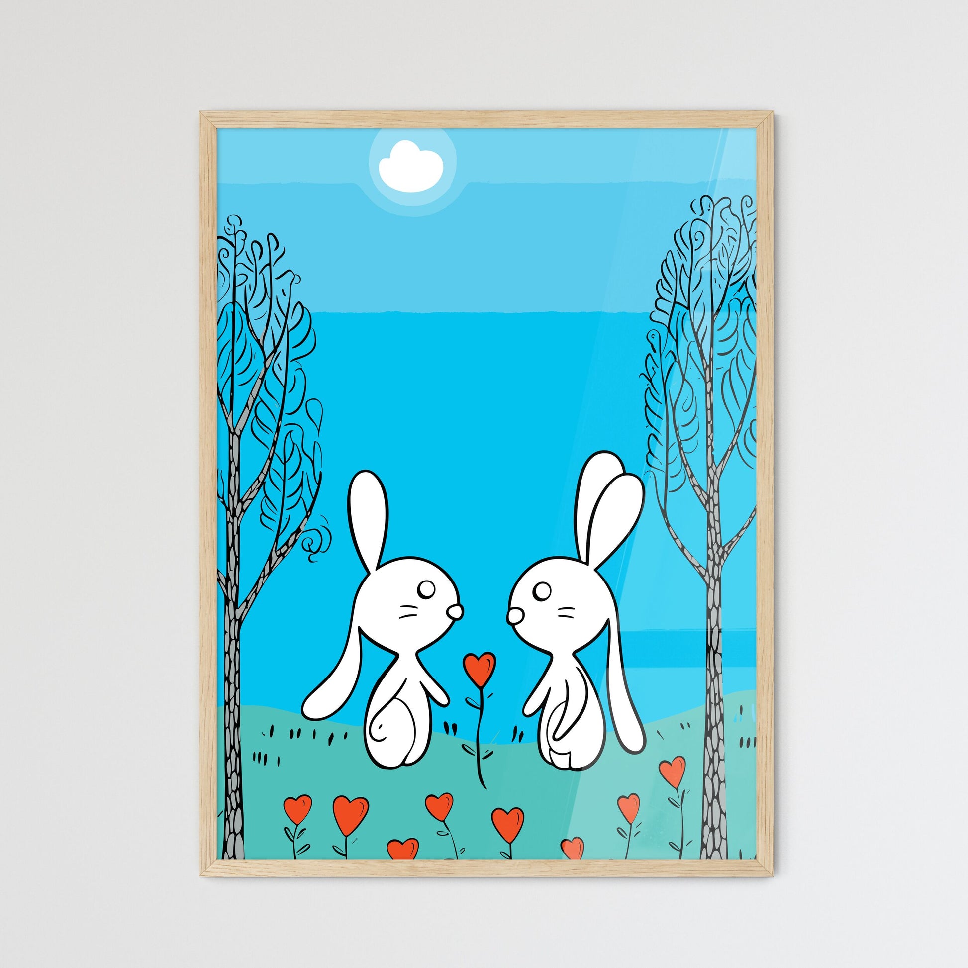 Cute Cute Bunnies In Love - A Cartoon Of Two Bunnies In A Field With Trees And A Heart Default Title