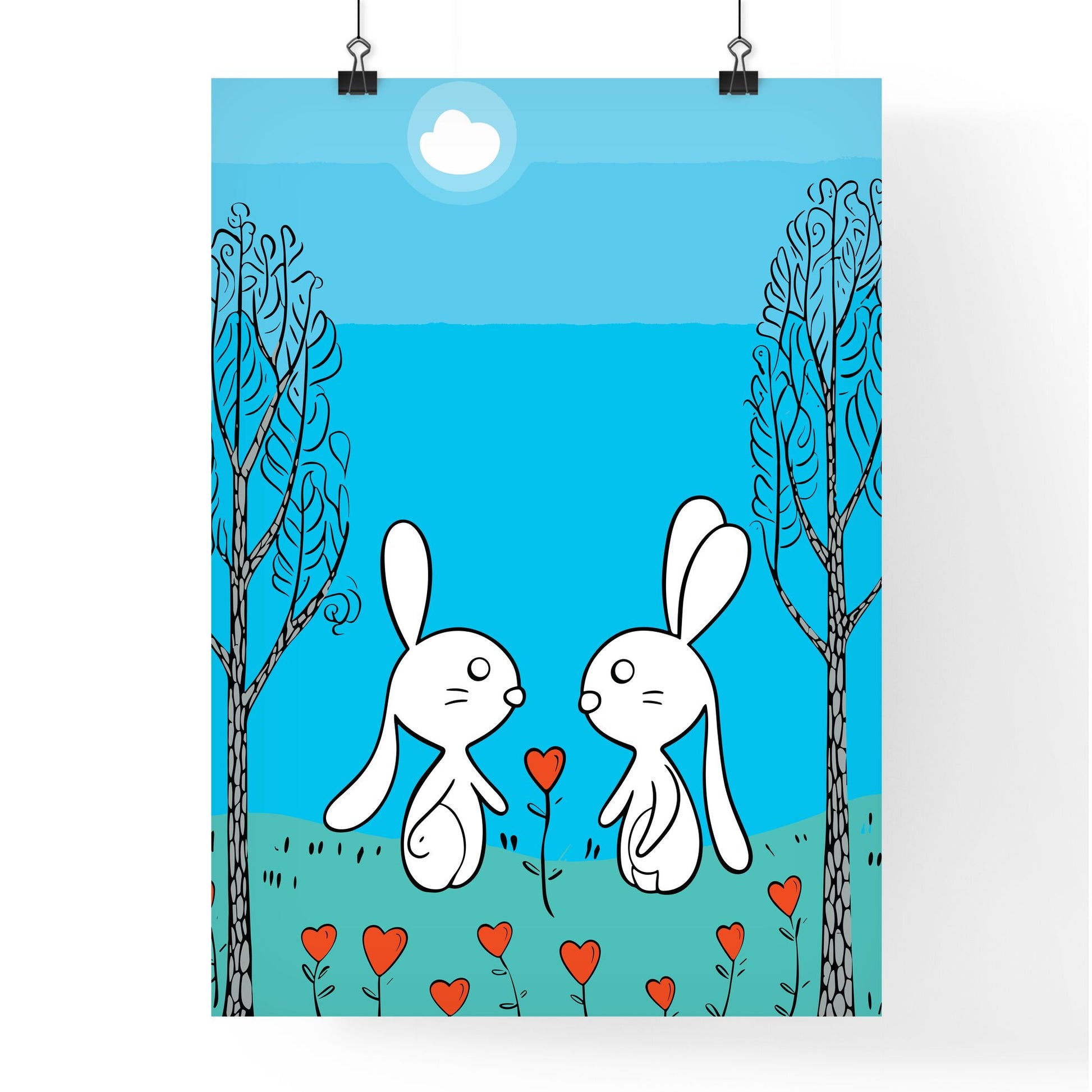 Cute Cute Bunnies In Love - A Cartoon Of Two Bunnies In A Field With Trees And A Heart Default Title
