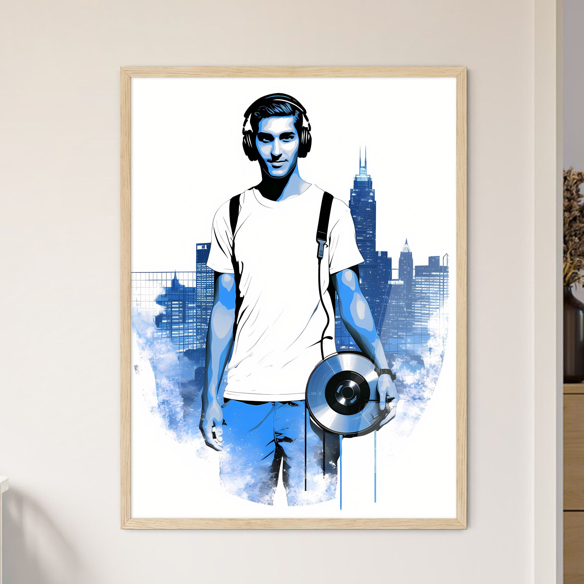 Disk Jockey With An Urban Background - A Man Holding A Disc Framed Art