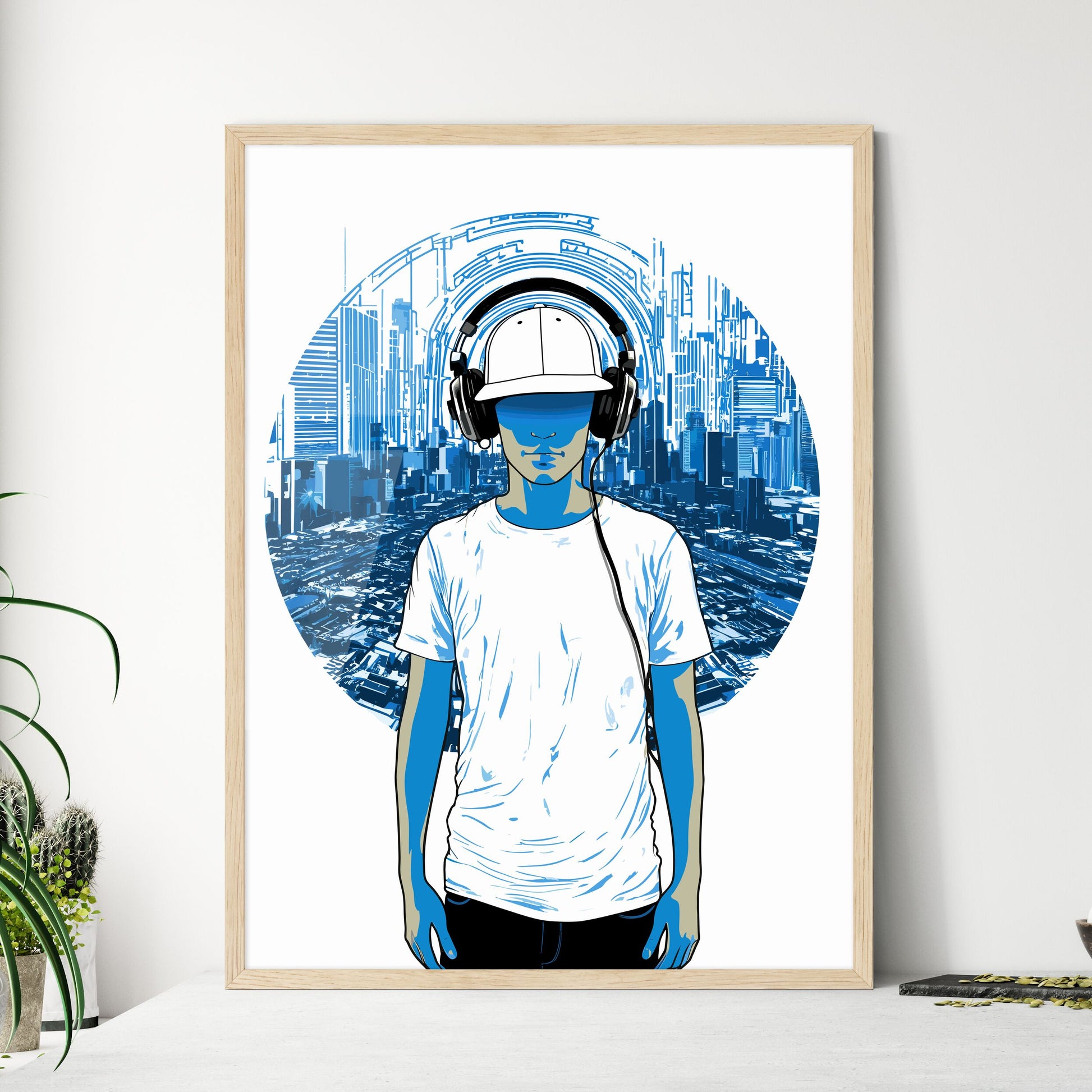 Disk Jockey With An Urban Background - A Man Wearing Headphones And Standing In Front Of A City Framed Art