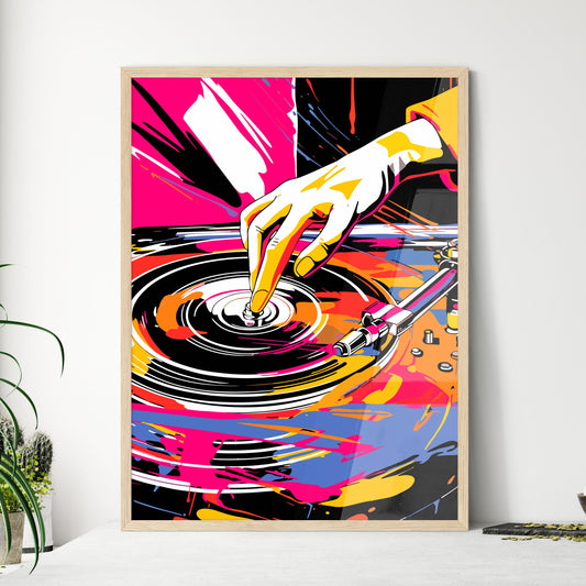 Dj Mixing On The Turntable Modern Abstract Poster - A Hand Touching A Record Player Default Title