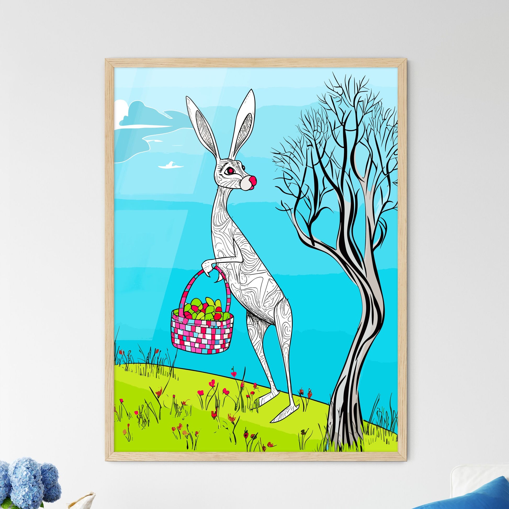Easter Bunny With Easter Basket Vector Illustration  Wall Art