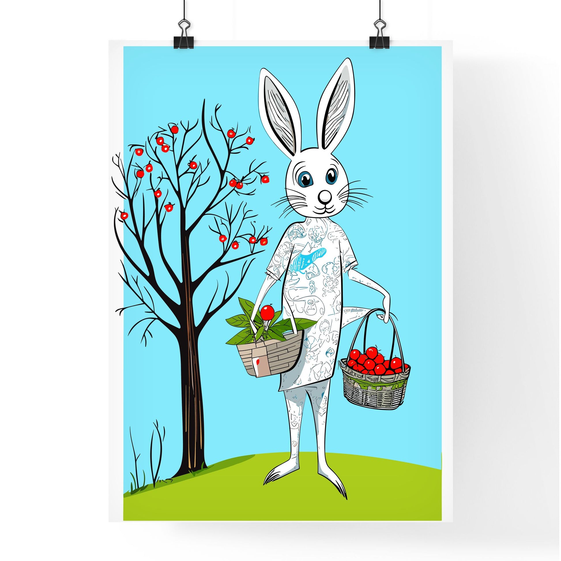 Easter Bunny With Easter Basket Vector Illustration - A Cartoon Of A Rabbit Holding Baskets Of Cherries Default Title