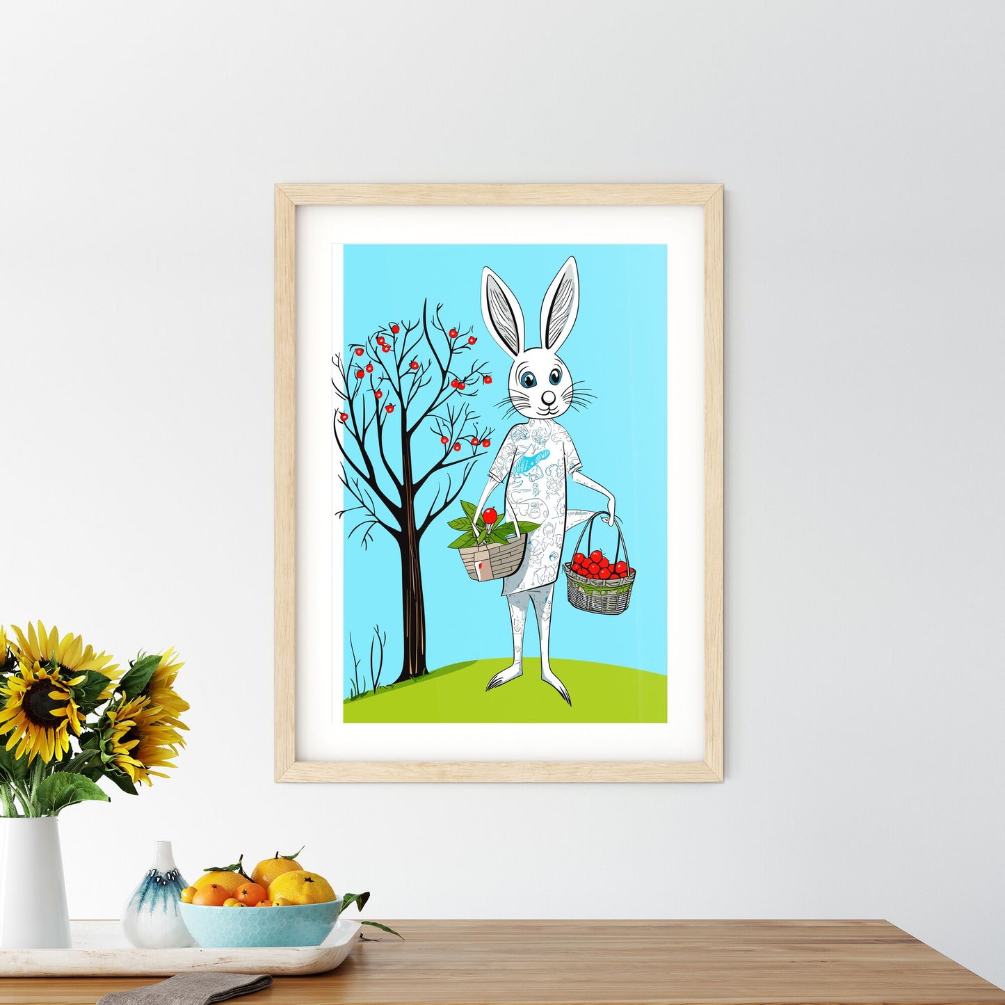 Easter Bunny With Easter Basket Vector Illustration - A Cartoon Of A Rabbit Holding Baskets Of Cherries Default Title