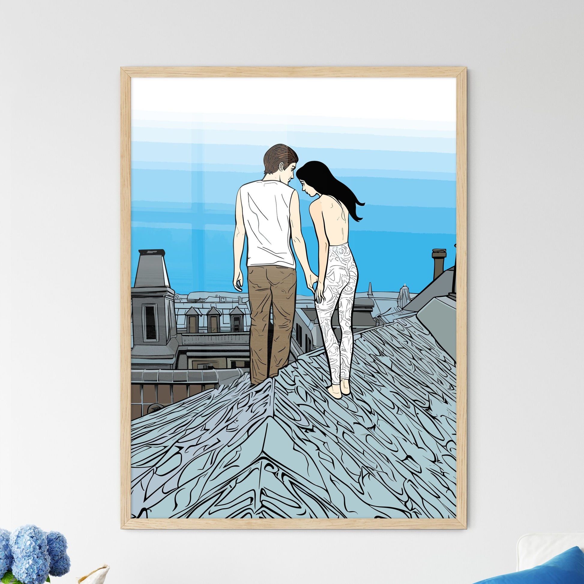 Fashion Art Of A Couple On The Roofs Of Paris - A Man And Woman Standing On A Roof Framed Art