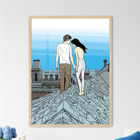 Fashion Art Of A Couple On The Roofs Of Paris - A Man And Woman Standing On A Roof Framed Art