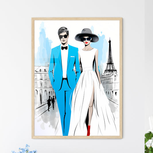 Fashion Illustration Of Couple In Paris - A  - Framed Art Print