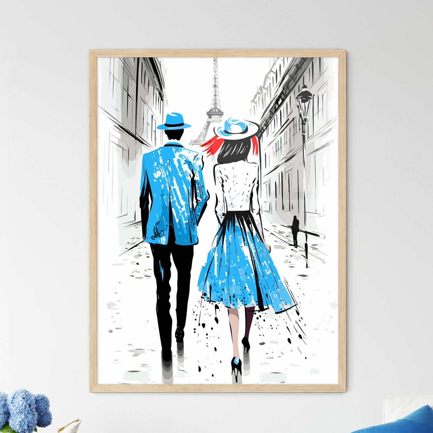 Fashion Illustration Of Couple In Paris - A Man And Woman Walking Down A Street Framed Art