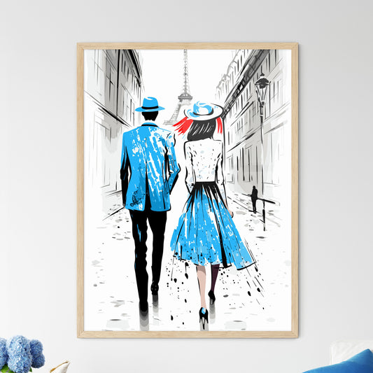 Fashion Illustration Of Couple In Paris - A Man And Woman Walking Down A Street Framed Art