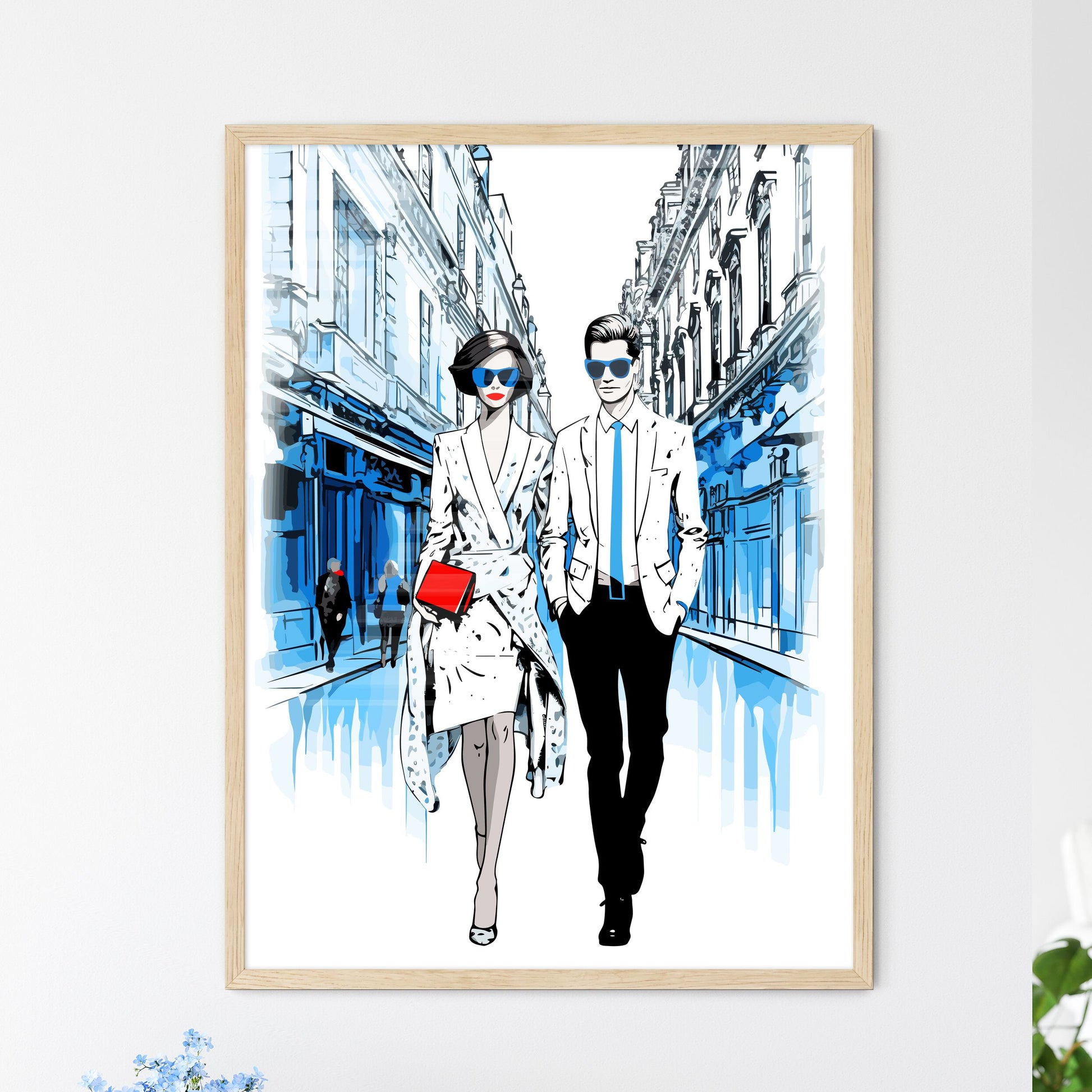 Fashion Illustration Of Couple In Paris - A Man And Woman In A City Framed Art