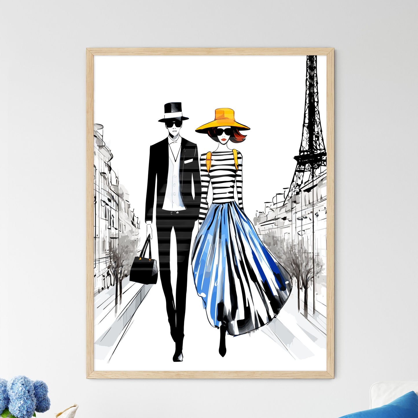 Fashion Illustration Of Couple In Paris - A Man And Woman Walking Down A Street Framed Art