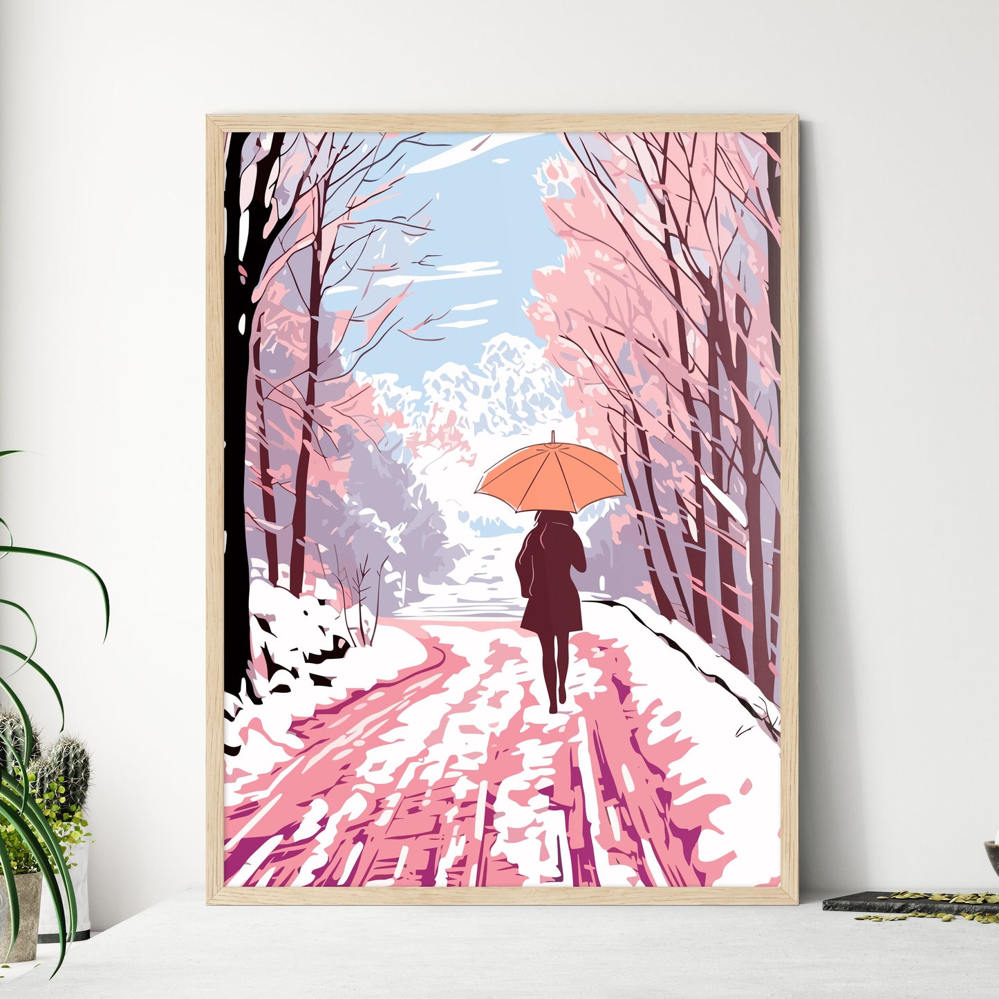 Girl With Umbrella Walking On The Path - A W - Framed Art Print
