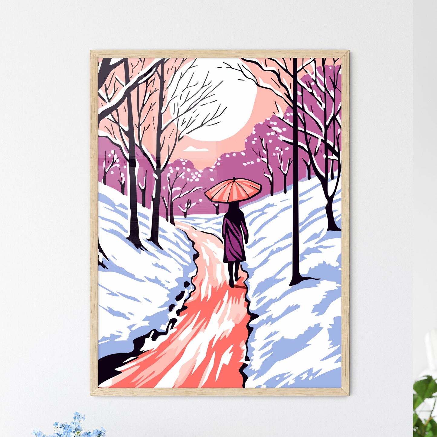 Girl With Umbrella Walking On The Path - A Woman Walking On A Snowy Path With A Pink Umbrella Default Title