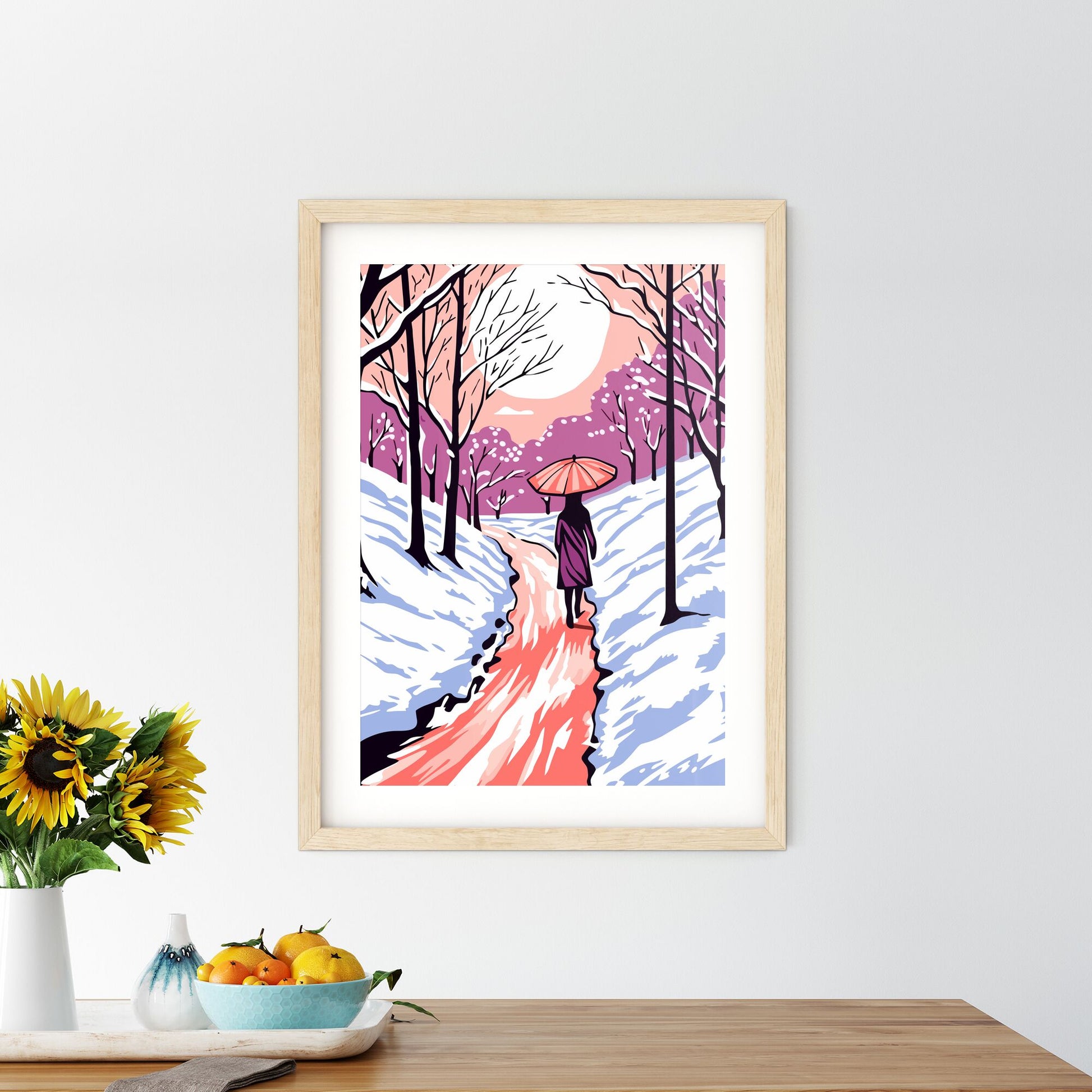 Girl With Umbrella Walking On The Path - A Woman Walking On A Snowy Path With A Pink Umbrella Default Title