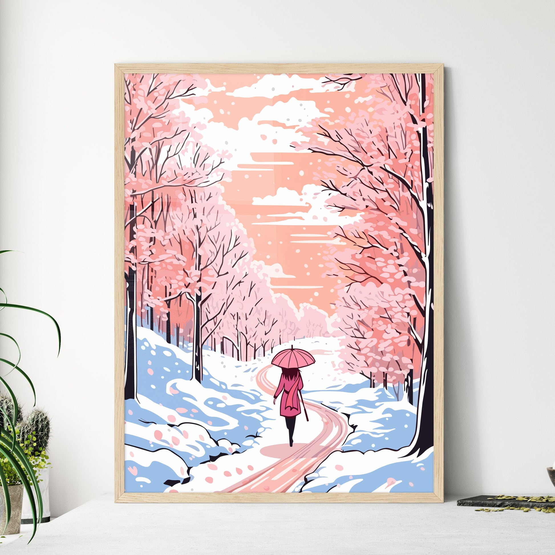 Girl With Umbrella Walking On The Path - A W - Framed Art Print