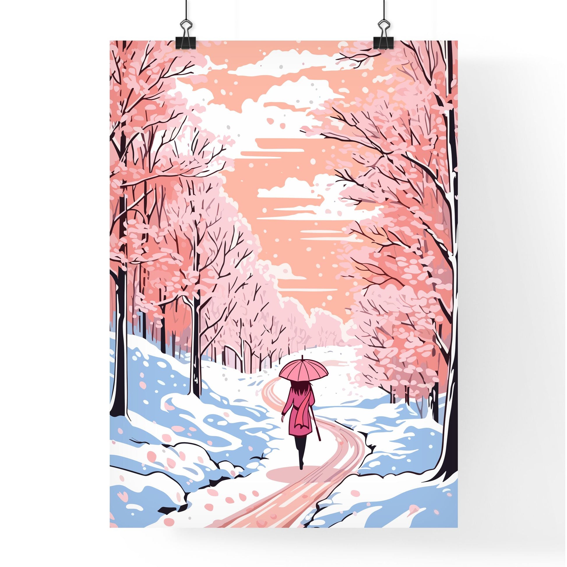 Girl With Umbrella Walking On The Path - A Woman Walking On A Snowy Path With Pink Trees Default Title