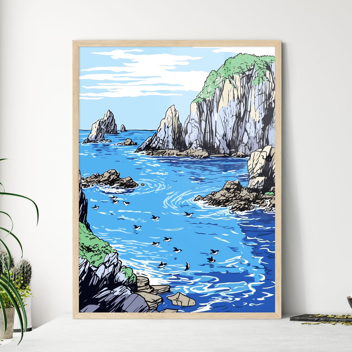 Group Of Penguins With A Blue Iceberg Bay  Wall Art