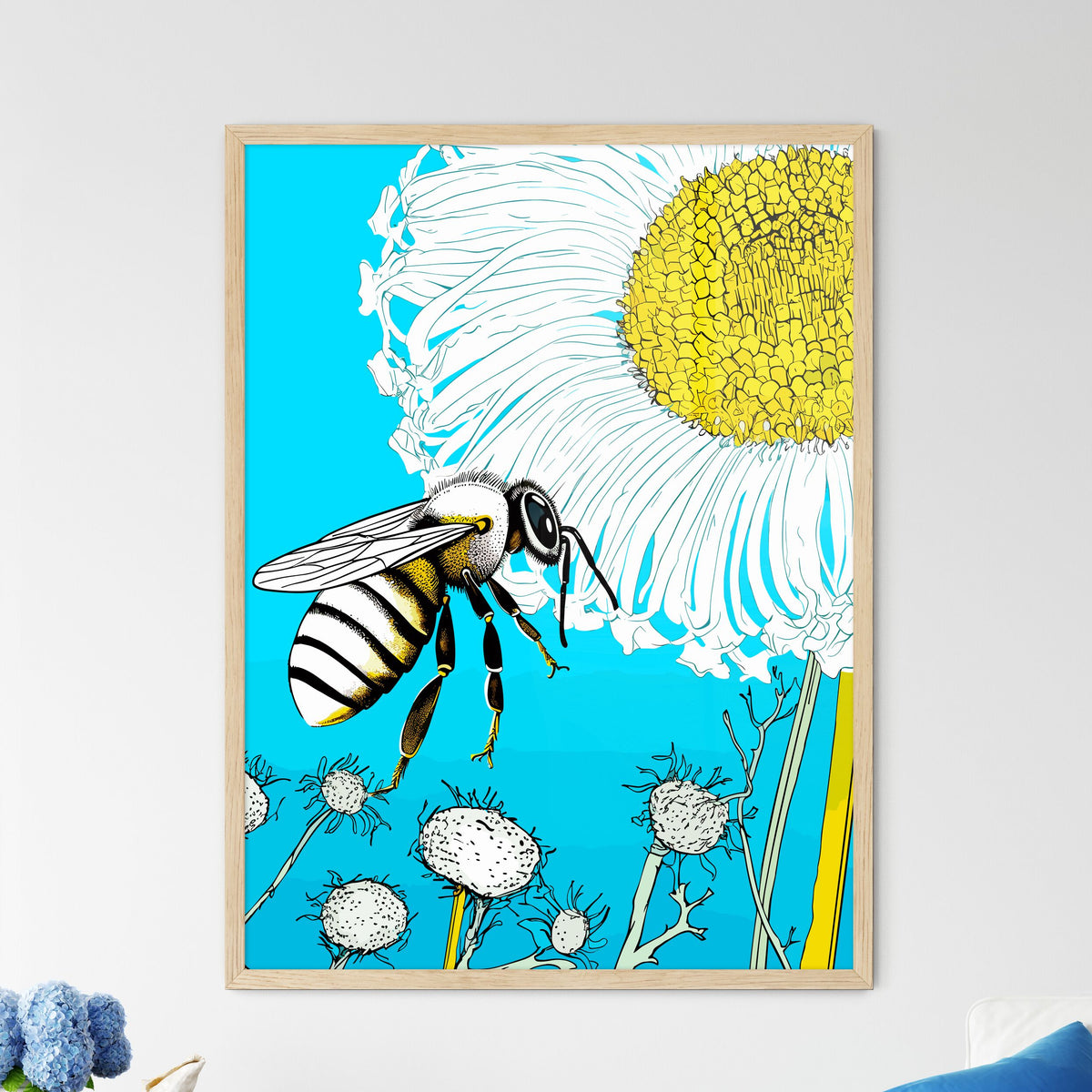 Honey Bee On A Blue Flower Pollinating  Wall Art