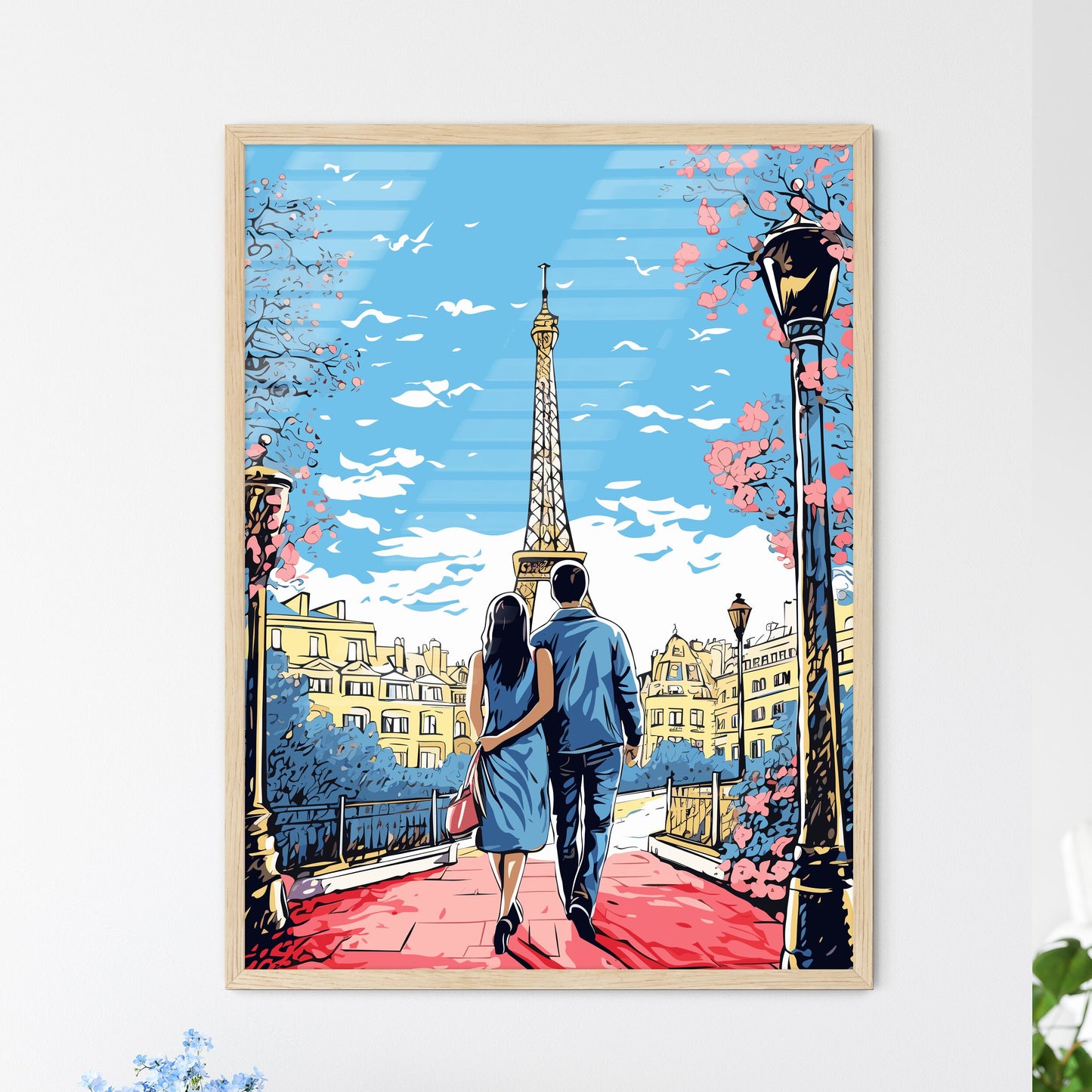 Honeymoon In Paris - A Man And Woman Walking Down A Sidewalk With A Tower In The Background Framed Art