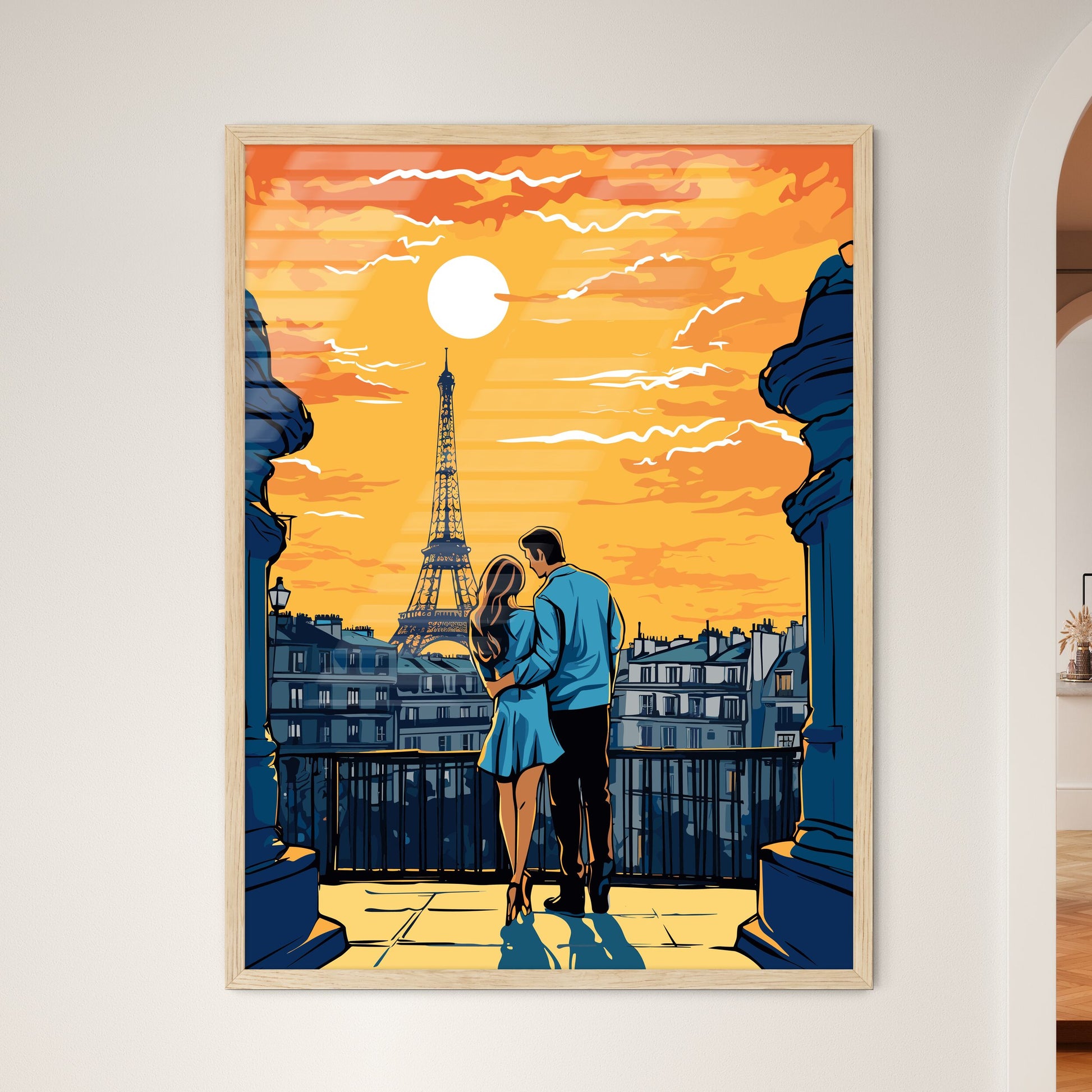 Honeymoon In Paris - A Man And Woman Standing On A Balcony Looking At The Eiffel Tower Framed Art